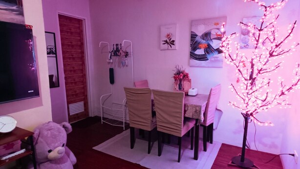 A room with a dining table, chairs, a teddy bear, a TV, and a decorative tree. - Amigas Transient House (Santo Tomas)
