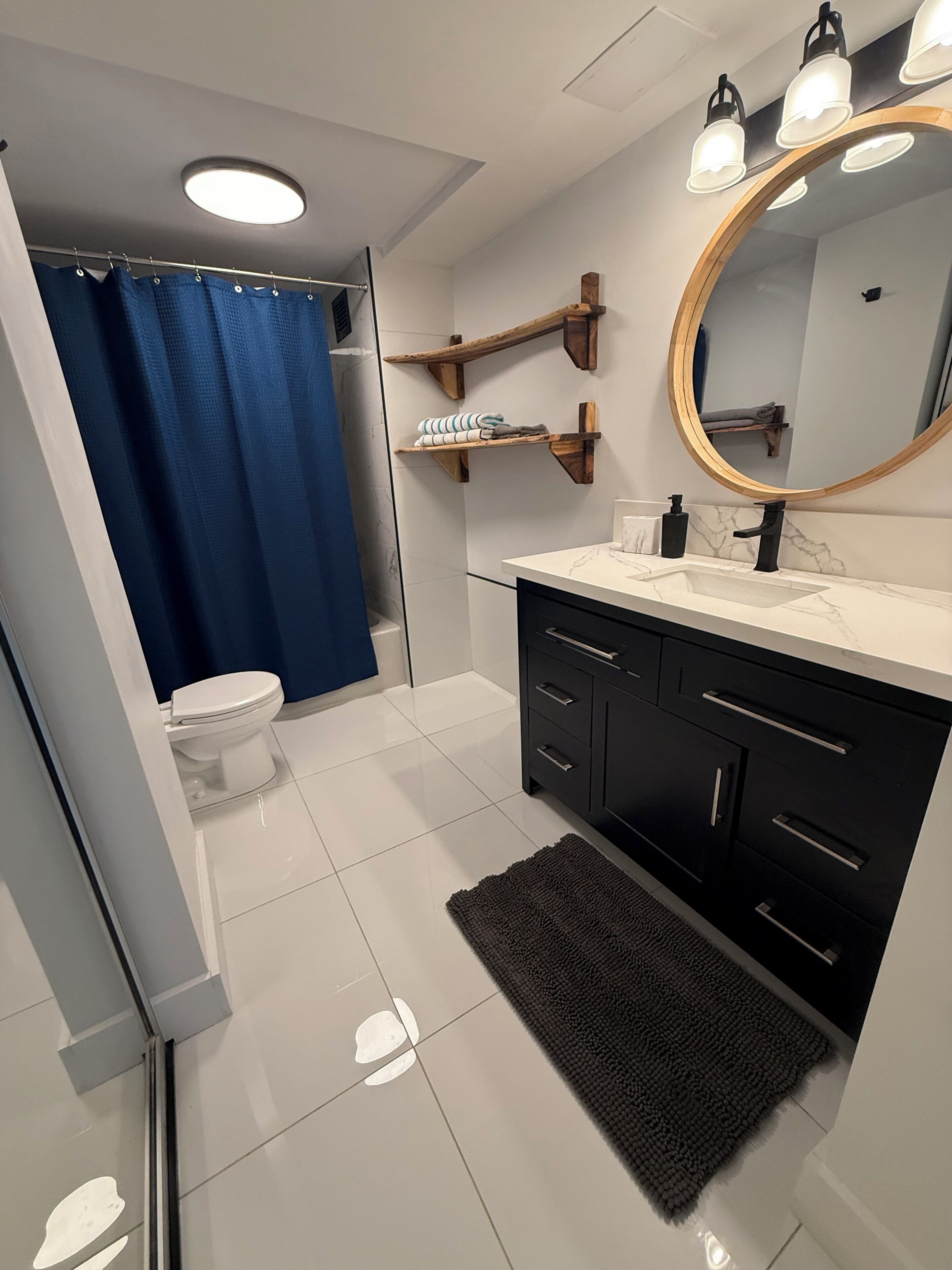 Hair dryer, towels, soap, toilet paper