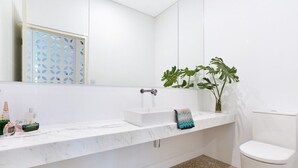 A bathroom with a white marble sink, a white toilet, and a plant on the counter. - Fred's at Fannie Bay (Fannie Bay)