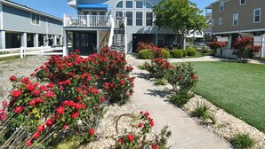 Un edificio residencial con un porche cubierto, un jardín ajardinado con flores rojas y un césped bien cuidado.