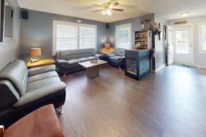TV, fireplace, DVD player, foosball