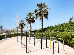 An outdoor exercise area with a metal structure, palm trees, and a Ferris wheel in the background.