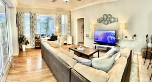 Smart TV, fireplace, books, music library