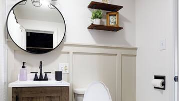 Hair dryer, towels, soap, toilet paper