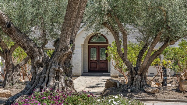 Un chemin bordé d’oliviers mène à un bâtiment doté d’une porte marron et d’une entrée en arc de cercle.