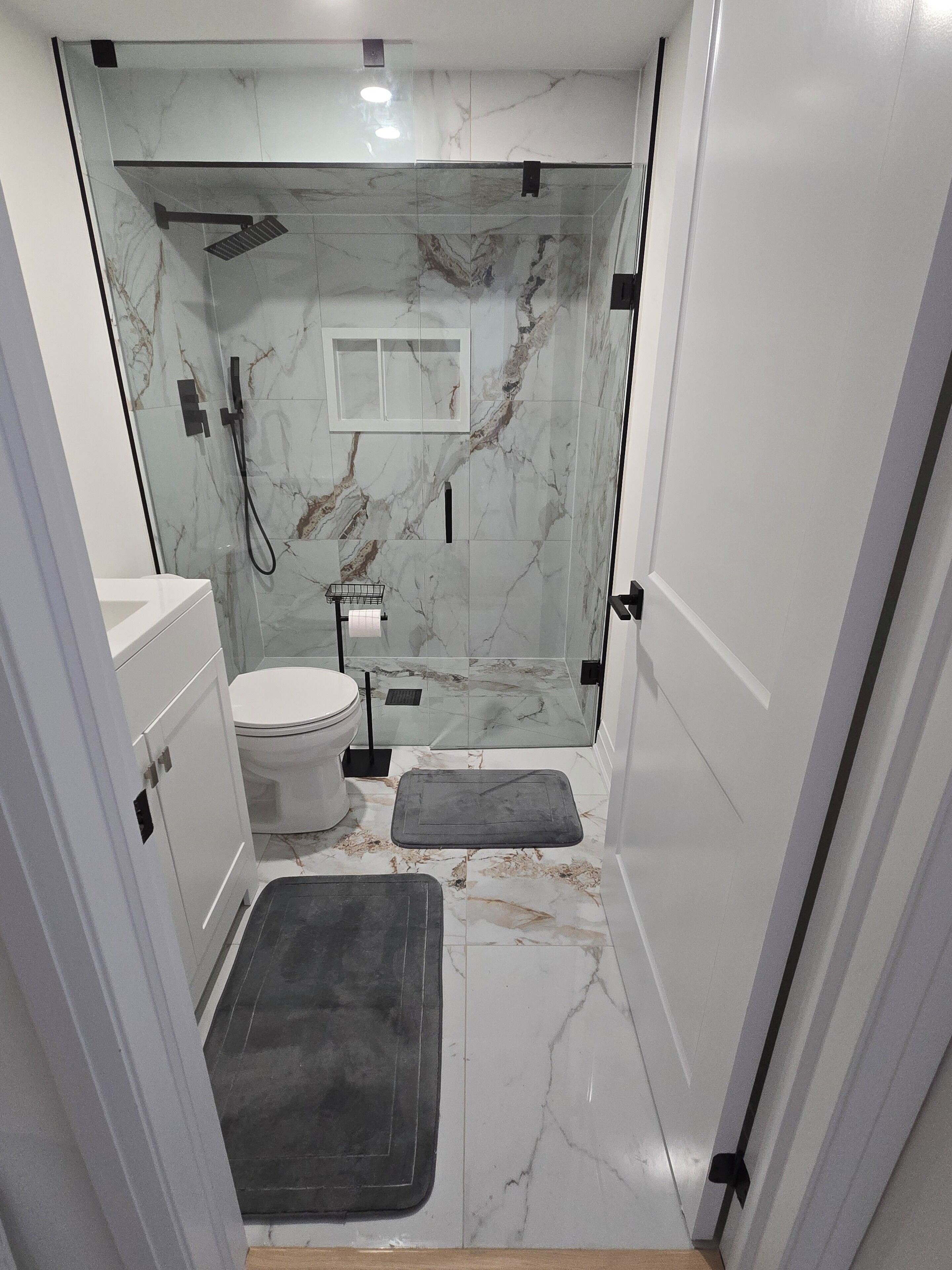 Shower, jetted bath, hair dryer, towels