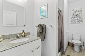 Shower, eco-friendly toiletries, hair dryer, towels