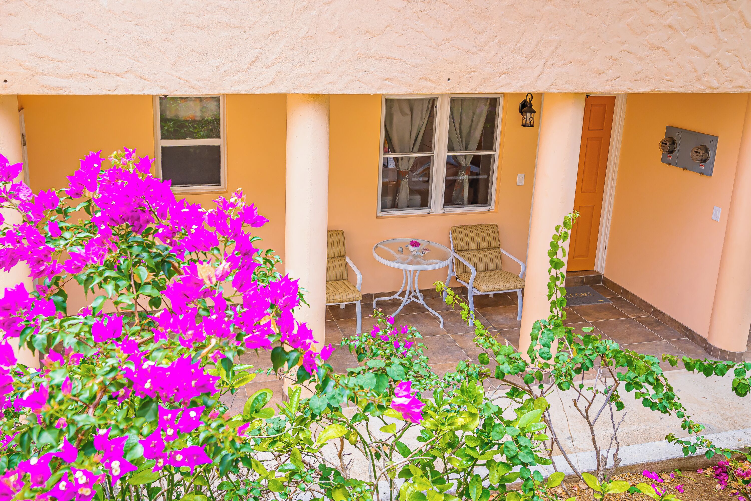 Une terrasse avec une table et des chaises, entourée de magnifiques plants de bougainvilliers aux couleurs vives.