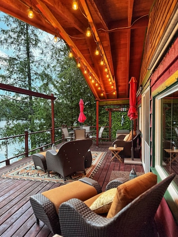 Outdoor patio space overlooking Sacheen Lake