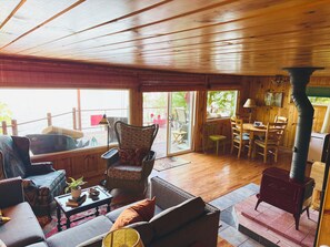 TV, fireplace, books