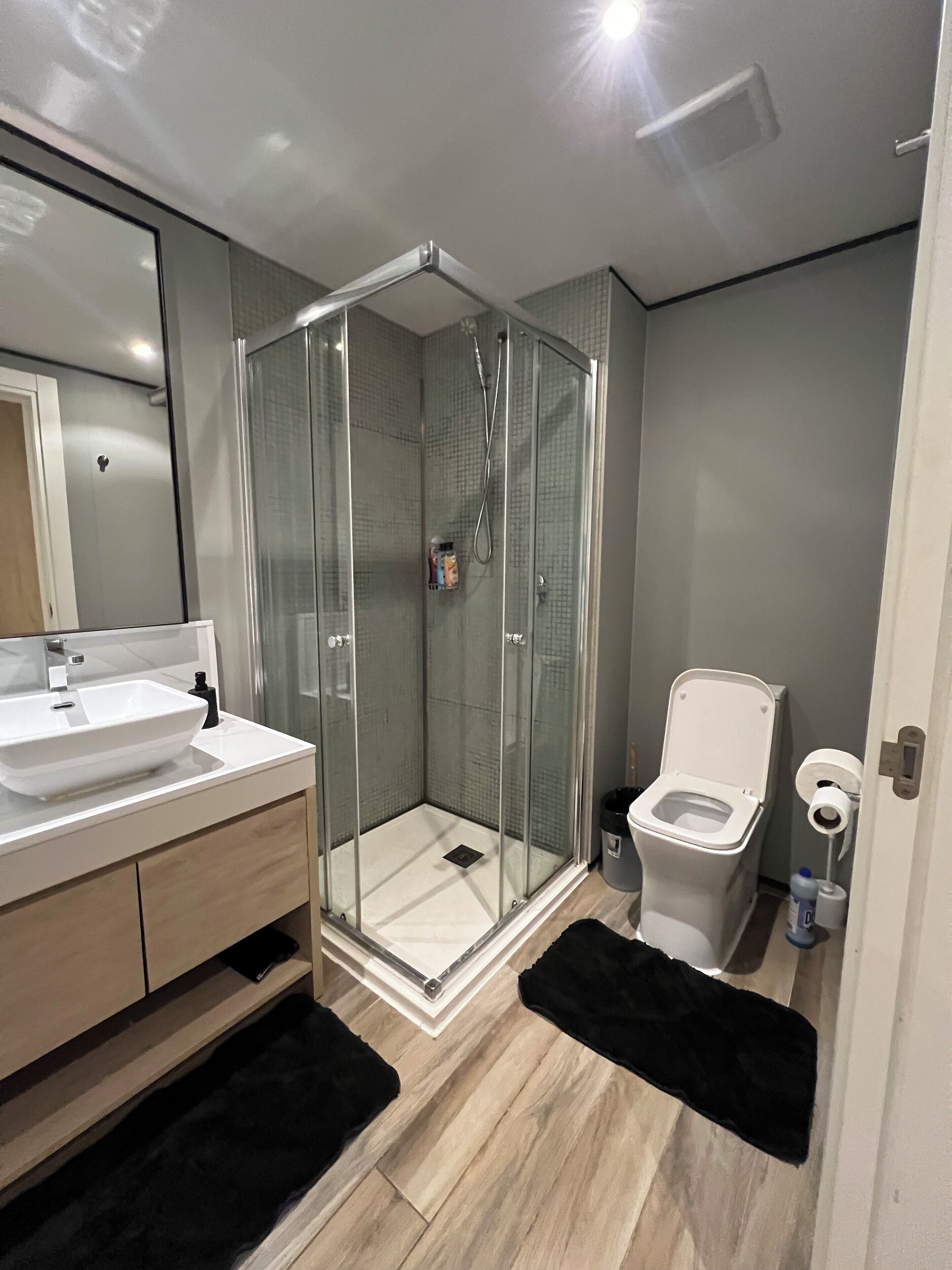 A modern bathroom with a glass-enclosed shower, a white sink, and a toilet.