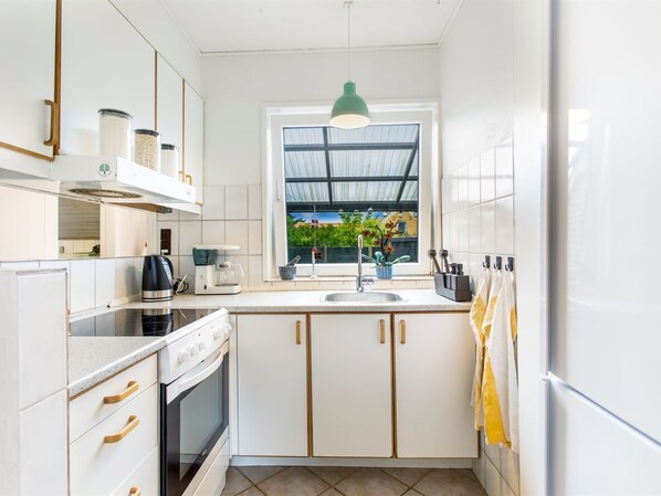 Fridge, dishwasher, cookware/dishes/utensils