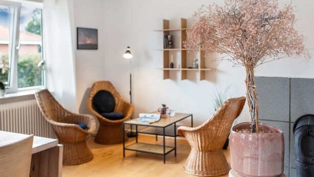 A cozy living room with wicker furniture, a coffee table, and a large potted plant.