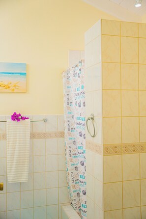 Chuveiro, secador de cabelo, toalhas de banho, papel higiênico