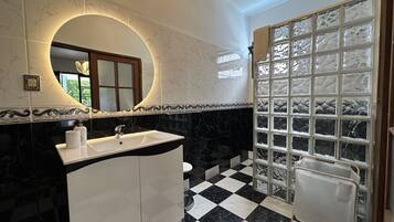 Shower, hair dryer, towels