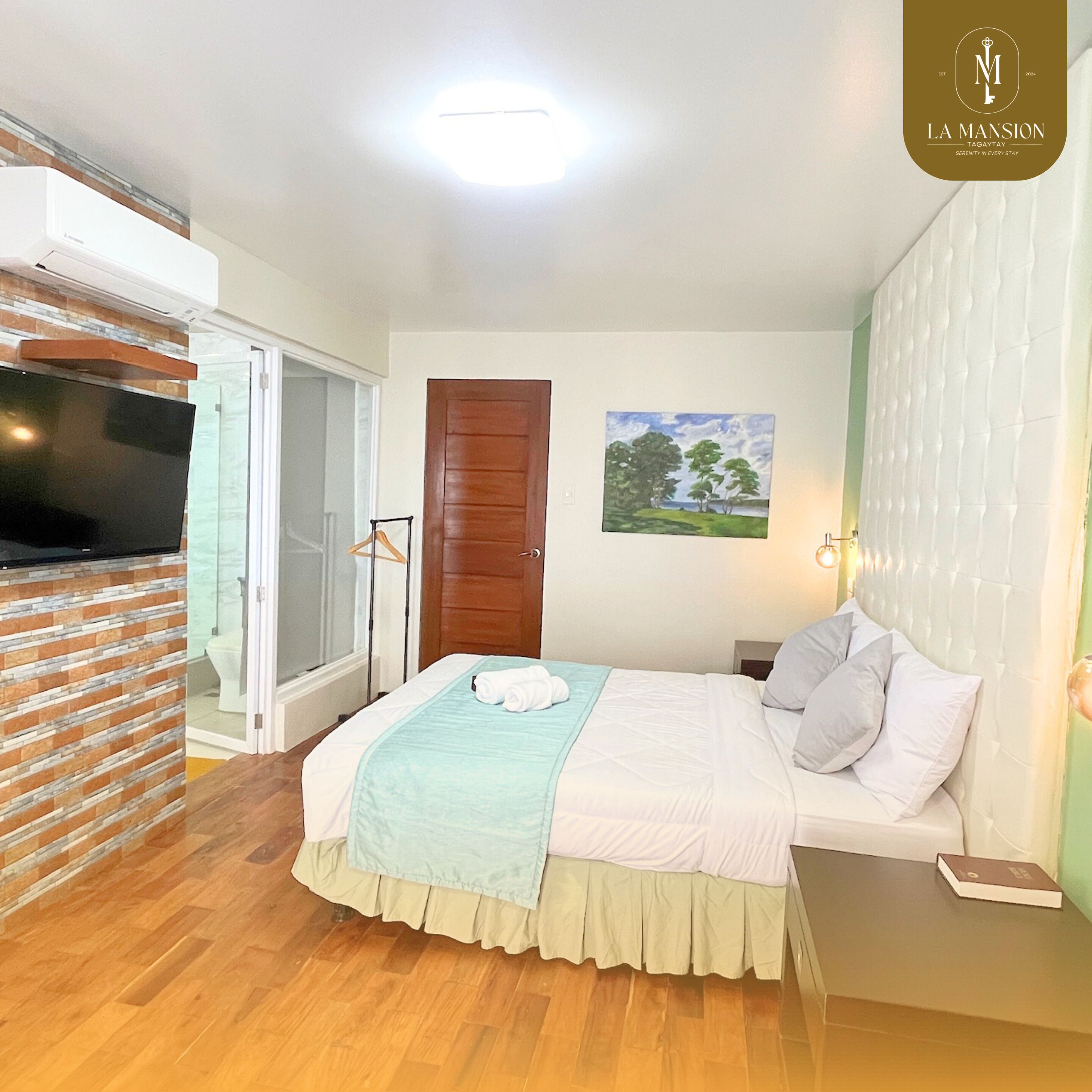Habitación de hotel con una cama, un televisor, un cuadro y una puerta.