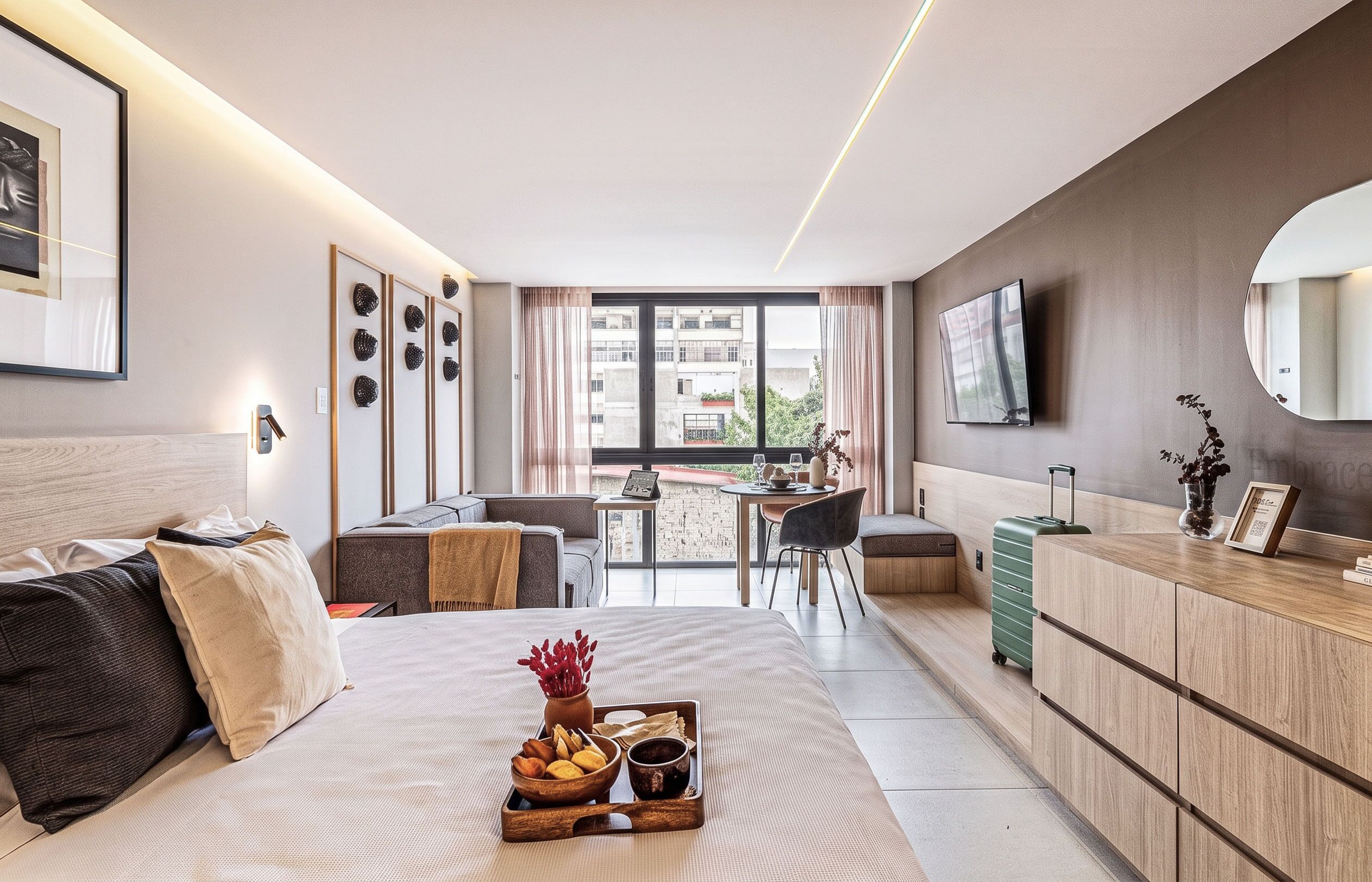 Habitación de hotel moderna con cama, escritorio, zona de comedor y vistas a la ciudad.