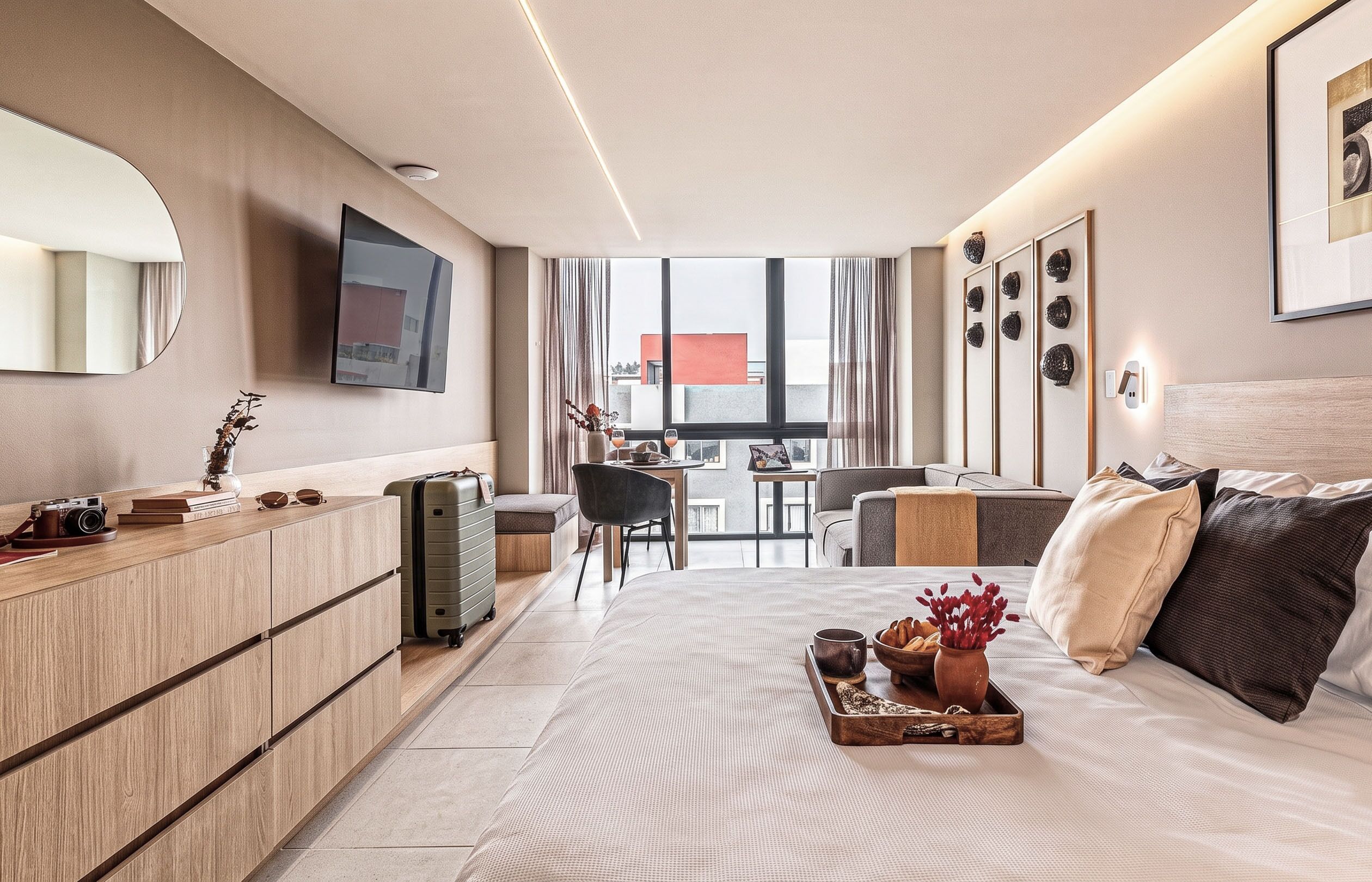 Una habitación de hotel moderna con cama, escritorio, silla y un amplio ventanal.