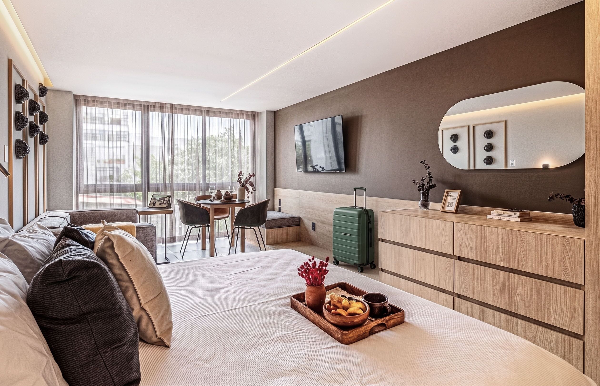 Una moderna camera d'albergo con un letto, un'area pranzo, una TV e una valigia verde.