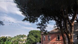 Une cour avec un bassin aux eaux calmes, un bâtiment en briques et une végétation luxuriante tout autour.