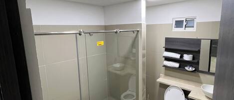 A modern bathroom with a glass-enclosed shower, a toilet, and a sink.