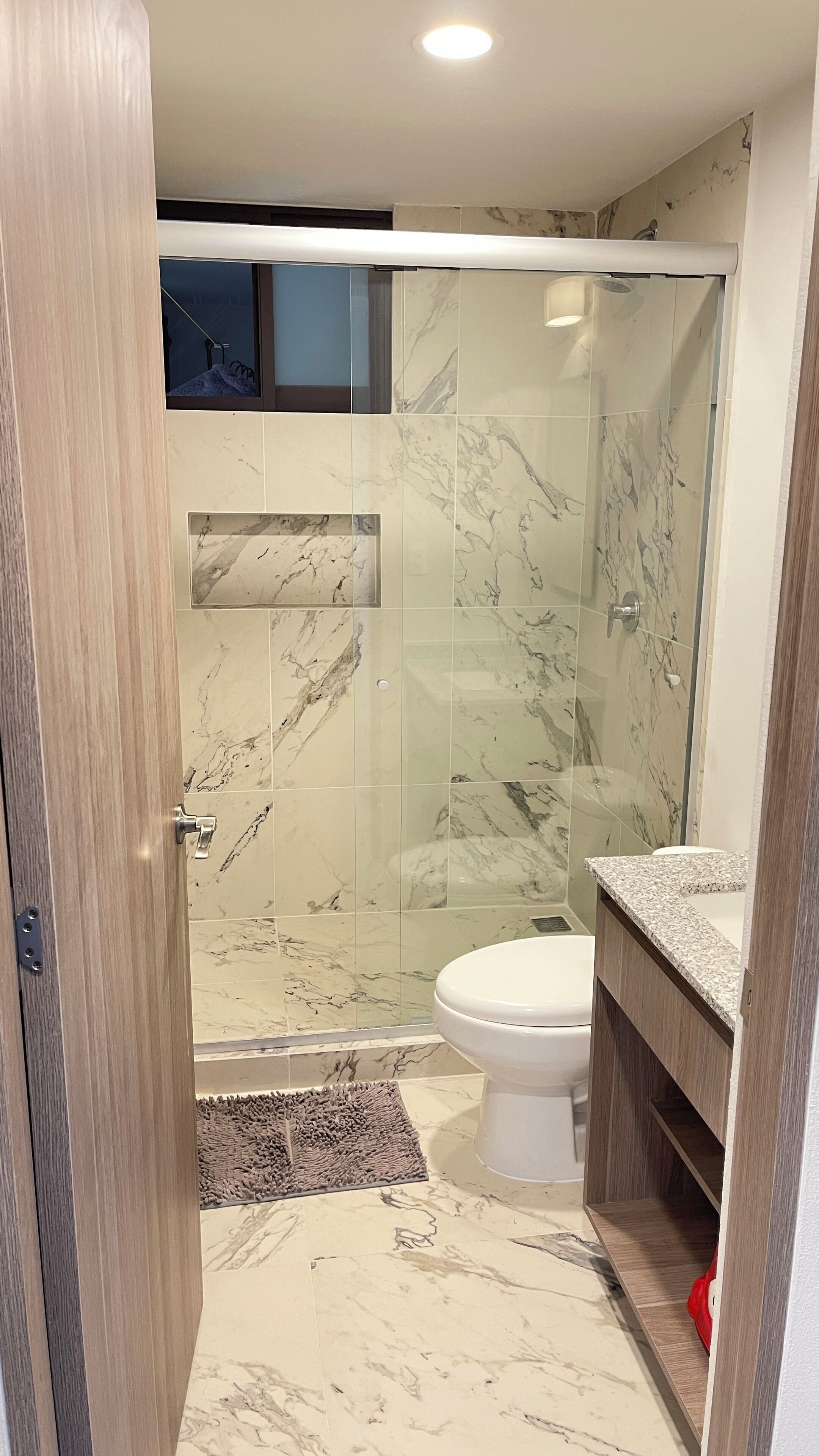 Hair dryer, towels, soap, toilet paper