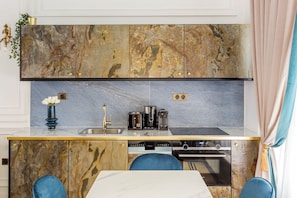 Apartment, City View | Private kitchen | Fridge, microwave, oven, stovetop