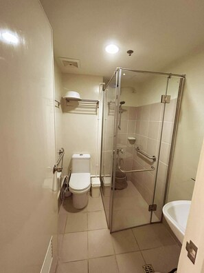Shower, hair dryer, bidet, towels
