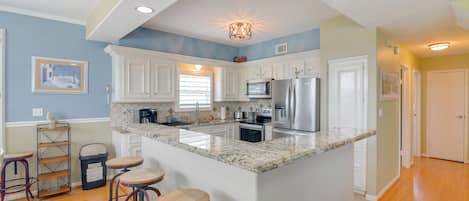 Fridge, microwave, dishwasher, coffee/tea maker