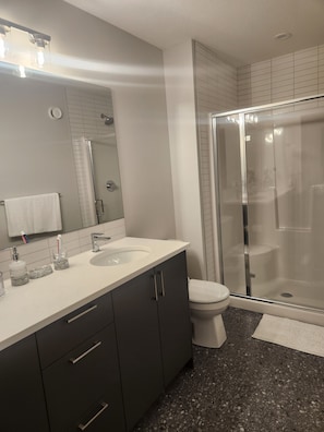 Shower, hair dryer, towels, soap