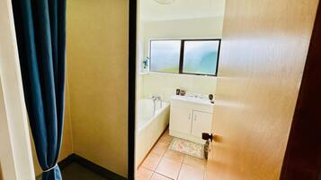 Shower, towels, soap, toilet paper
