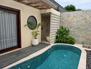 Un área de piscina moderna al aire libre con pared de piedra, plantas en macetas y puerta de vidrio.