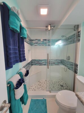 Dusche, Haartrockner, Handtücher, Toilettenpapier