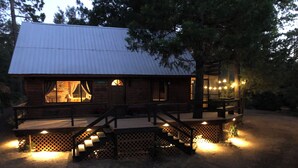 A rustic cabin with a metal roof, wooden deck, and a staircase leading to the entrance.
