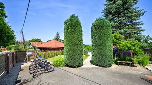 Un barrio residencial con dos árboles altos y delgados, una bicicleta y una casa con techo rojo.
