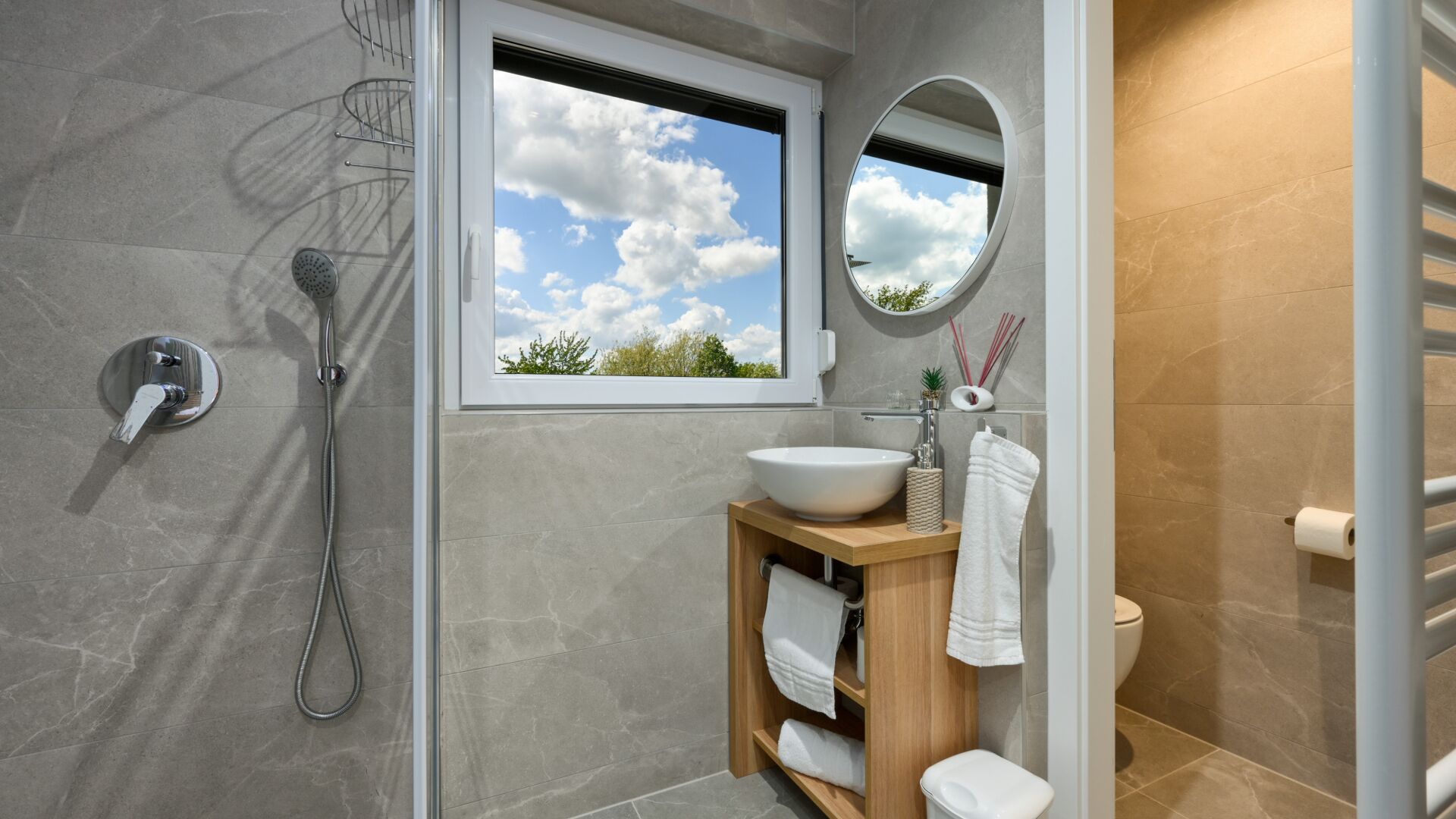 Shower, hair dryer, towels