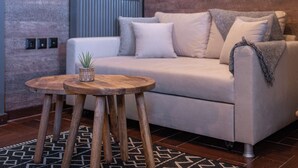 A modern living room with a grey sofa, a small wooden table with a plant, and a patterned rug. - Tilemachos by GM Luxury Suites Kalavryta (Καλαβρύτa)