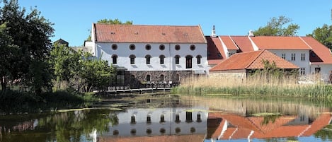 A building with a red-tiled roof, a pond in front, and surrounding greenery.