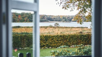 Vista a través de una ventana de un lago con una colina boscosa al fondo.