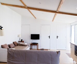 A modern bedroom with a bed, bedside table, TV, and wardrobe. - LARGE STUDIO (Unknown)