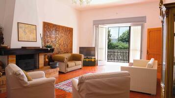 Televisión de 21 pulgadas con canales por cable y chimenea