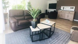 Un salon avec un canapé en cuir marron, une petite table sur laquelle est posée une plante, un tapis à motifs gris et un meuble en bois.