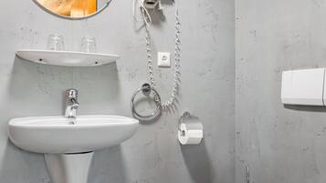 A bathroom with a white sink, a mirror, a hairdryer, and a toilet paper holder.