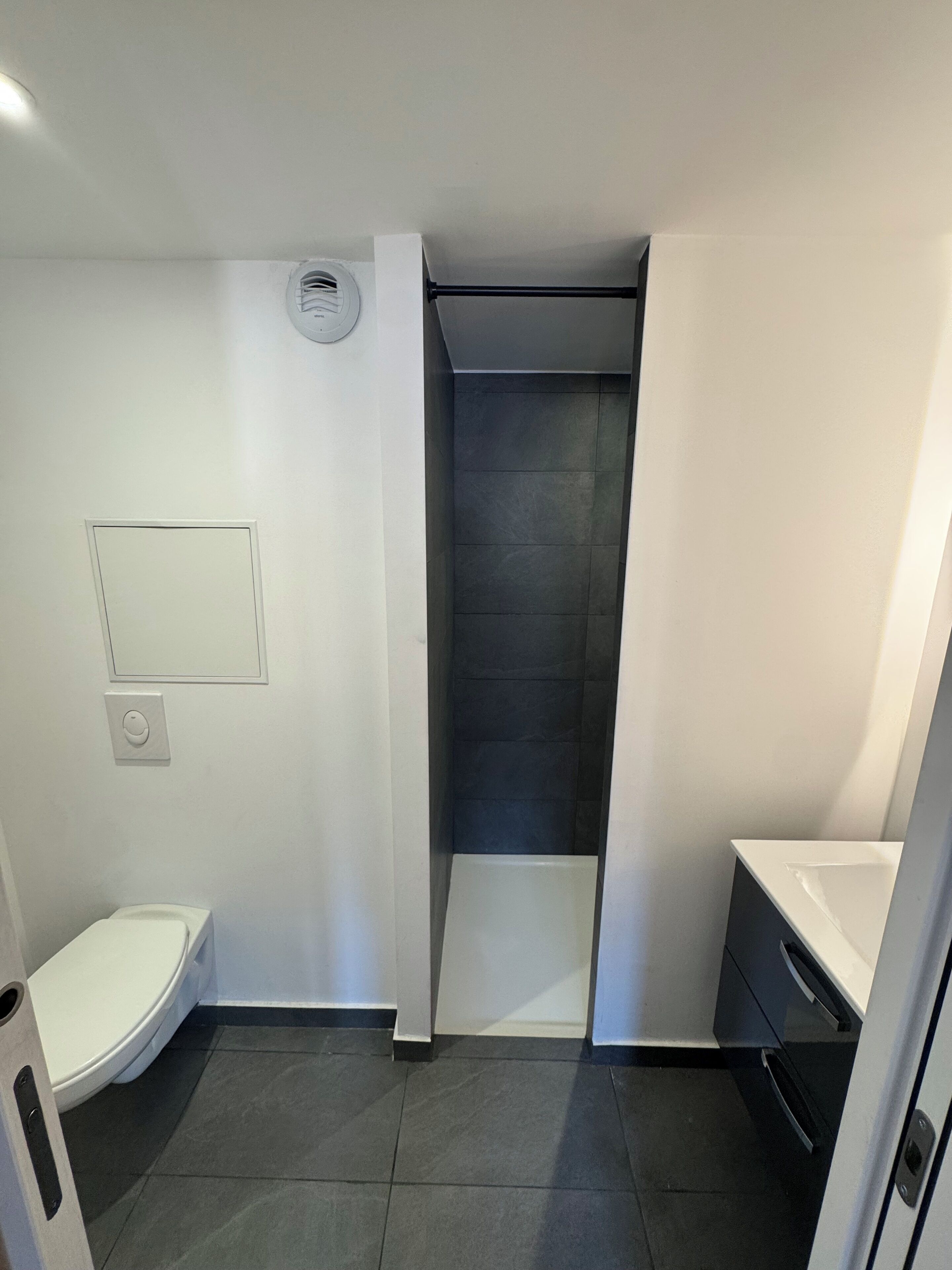 Un baño moderno con inodoro, ducha y lavamanos.