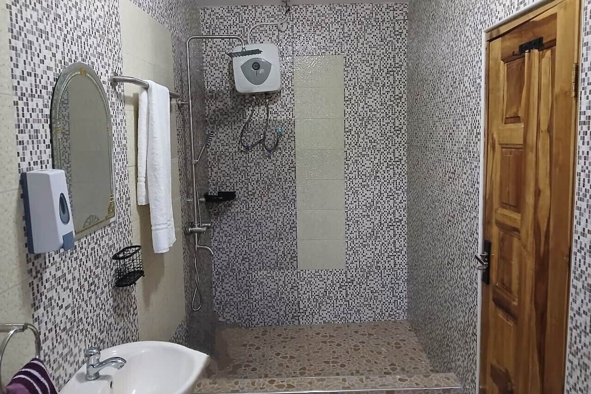 Shower, towels, soap, shampoo