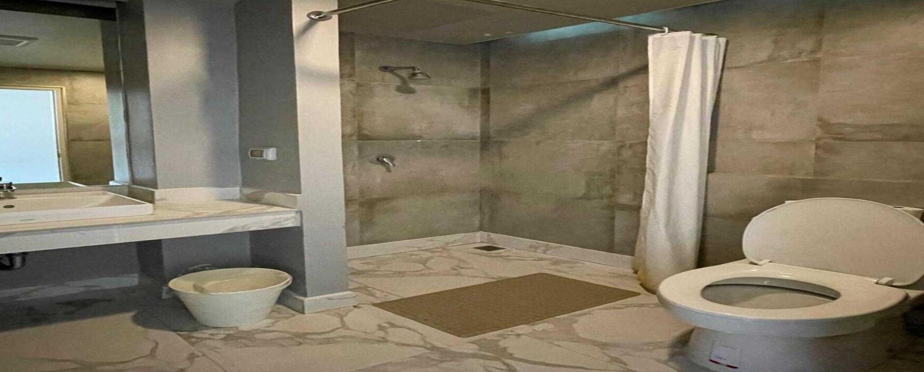 Shower, hair dryer, bidet, towels