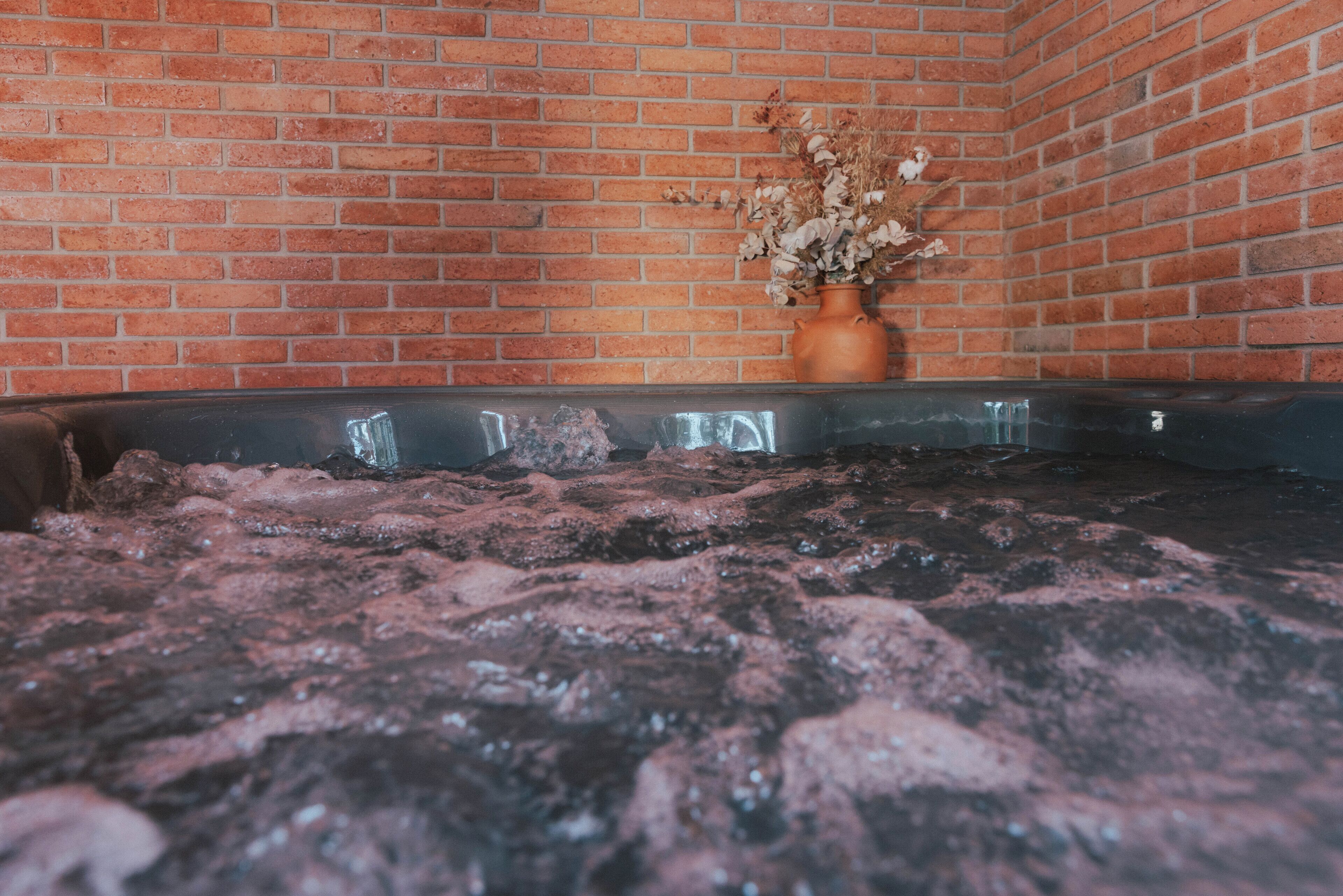 Un área de spa con pared de ladrillo, una bañera de hidromasaje y una planta en maceta.