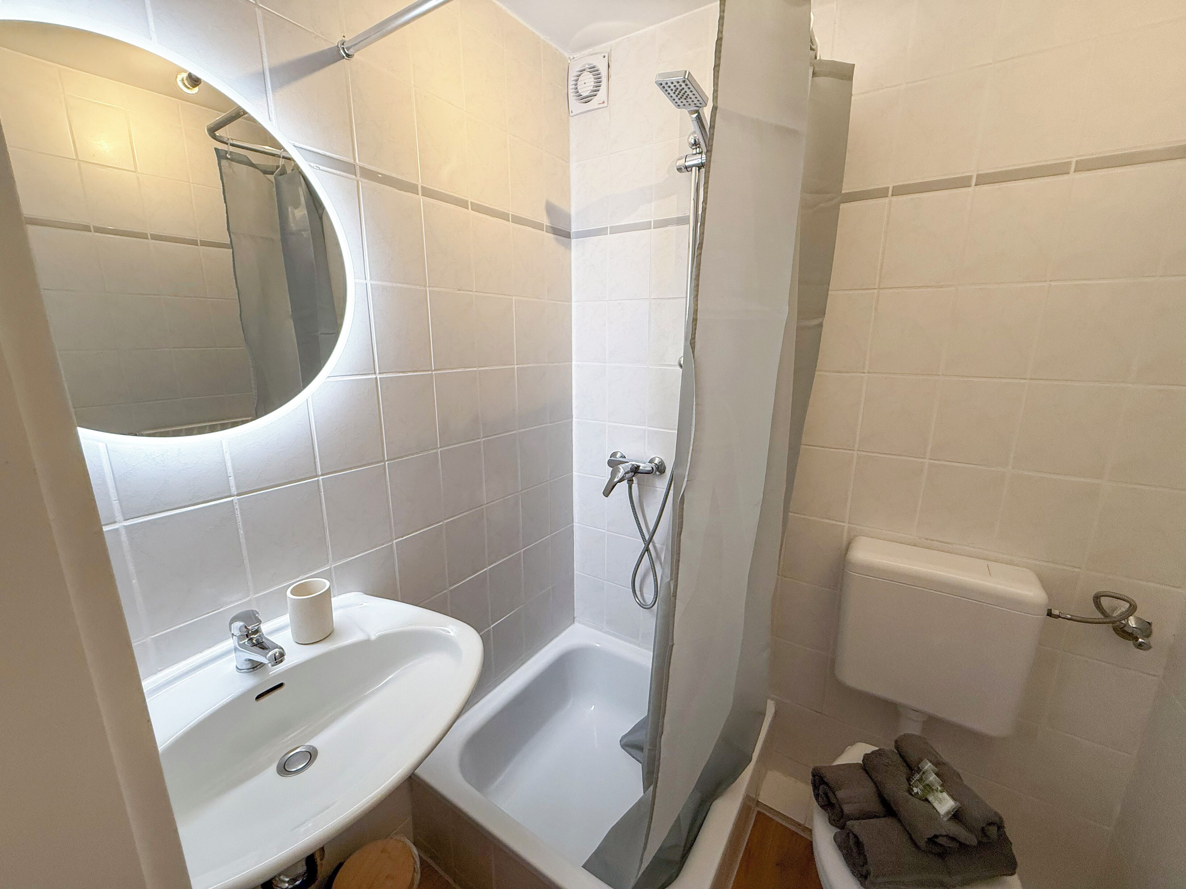 Une salle de bain avec un lavabo, des toilettes et une douche.