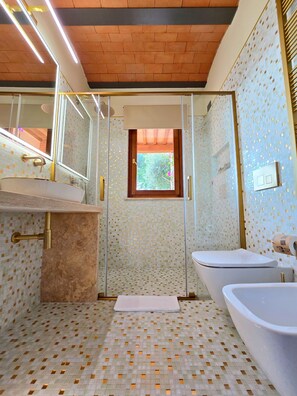 Een douche, een haardroger, een bidet, handdoeken