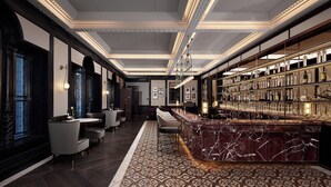 A bar area with marble counters, seating, and a patterned carpet. - Haig Court (Shanghai)